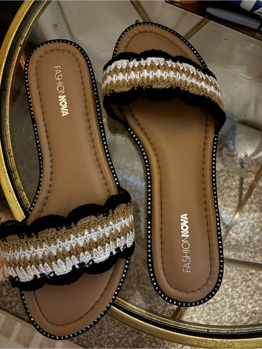 Fashion Nova Crochet Strap Slide Sandals in Black, Brown & White